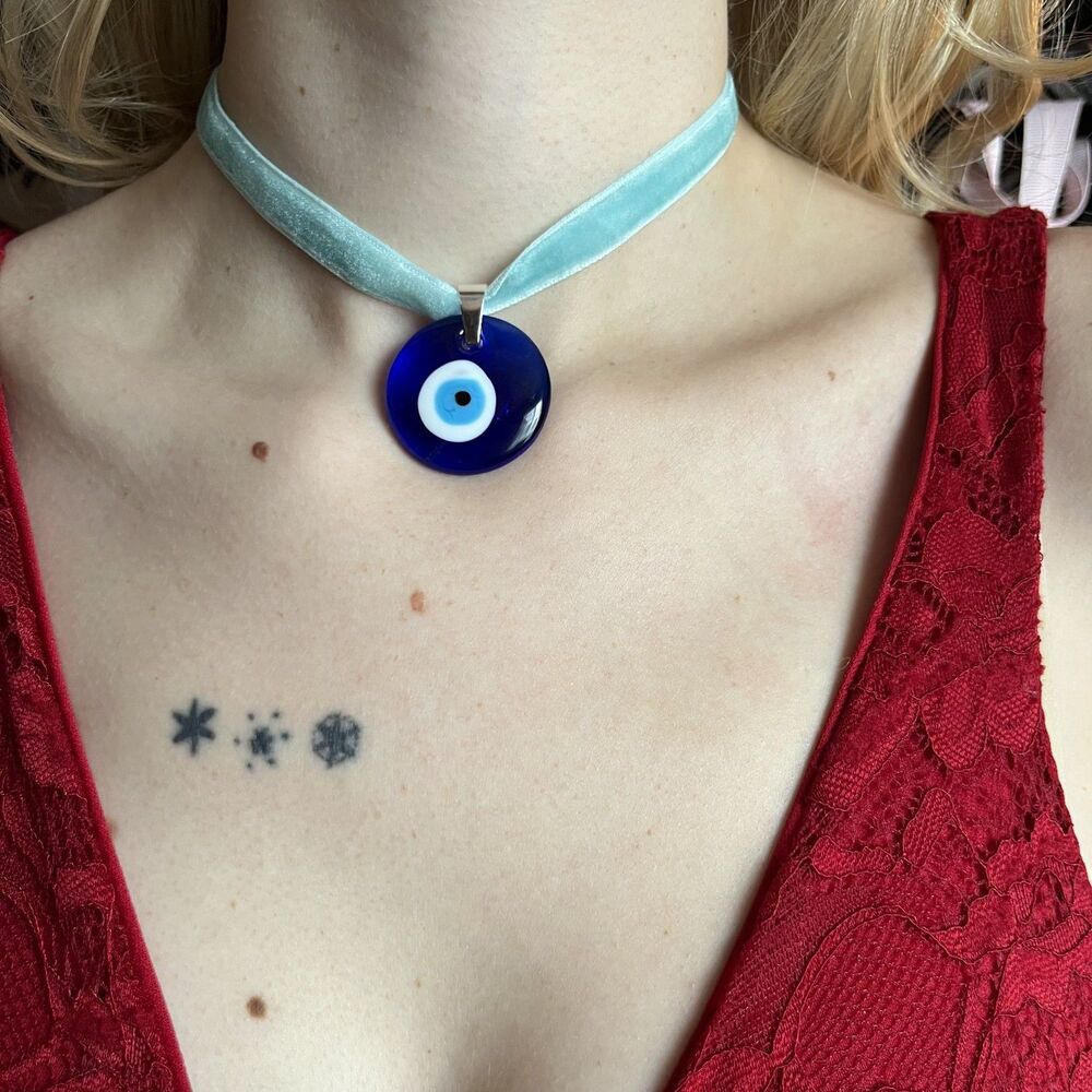 Glass Evil Eye Talisman Choker on Light Blue Velvet Ribbon with Silver Accents